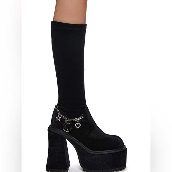 Dolls Kill Shoes - Black Velvet Boots with Silver Charm Chain